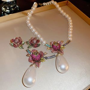 Ensembles de bijoux de mariage FYUAN exquis goutte d'eau collier de perles boucles d'oreilles broche pour femmes coloré cristal rose fleur mariée 231208