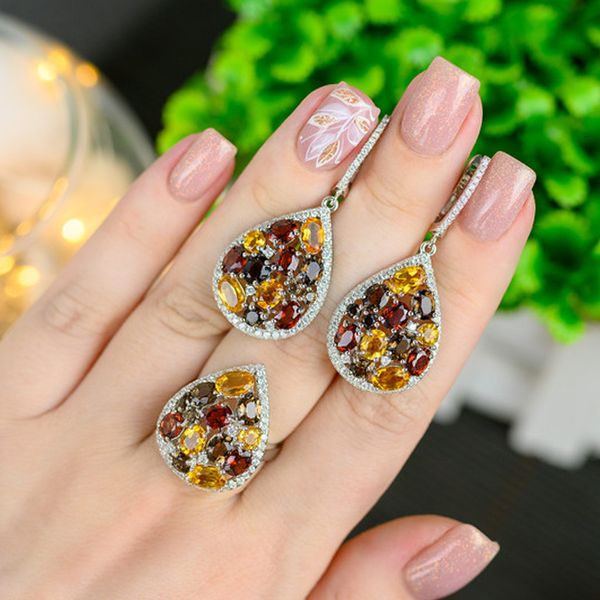 Ensembles de bijoux de mariage GEM S BALLET Quartz fumé naturel Citrine Gemstone Drop Boucles d'oreilles Bague en argent sterling 925 pur pour les femmes Fine 230729