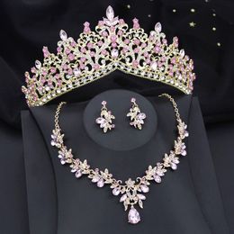 Conjuntos de joyería de boda colores dorados rosa nupcial para mujer corona novia tiaras y collar pendientes conjunto flores 231130