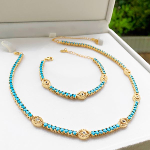 Ensembles de bijoux de mariage plaqué or de haute qualité femmes ensemble de mode charme bleu turquoises pierre tennis chaîne bracelet collier 230609