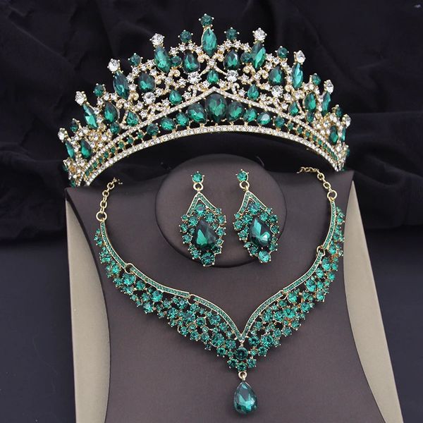 Ensembles de bijoux de mariage, couronne en cristal vert, collier, boucles d'oreilles, luxe, diadèmes de bal, mariée, dubaï, 231116