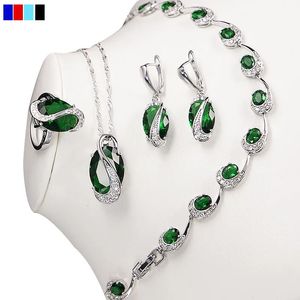 Parures de bijoux de mariage Vert émeraude 925 ensembles de bijoux en argent Sterling pour les femmes saphir topaze grenat Bracelet collier boucles d'oreilles bague pendentif 231115