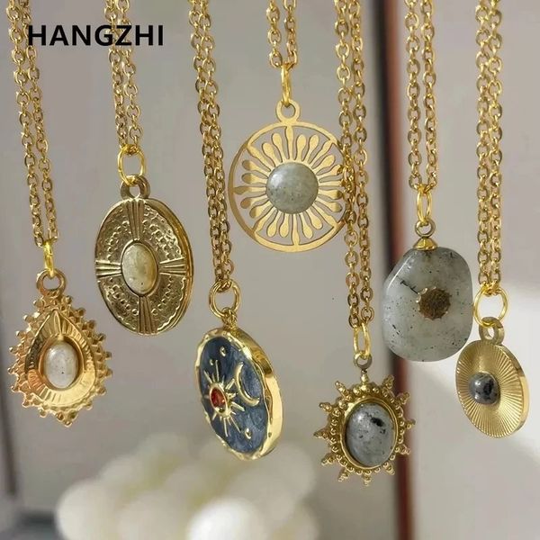Ensembles de bijoux de mariage HangZhi gris émail rond étoile soleil charme pierres naturelles pendentifs collier en acier inoxydable chaîne de clavicule 231205