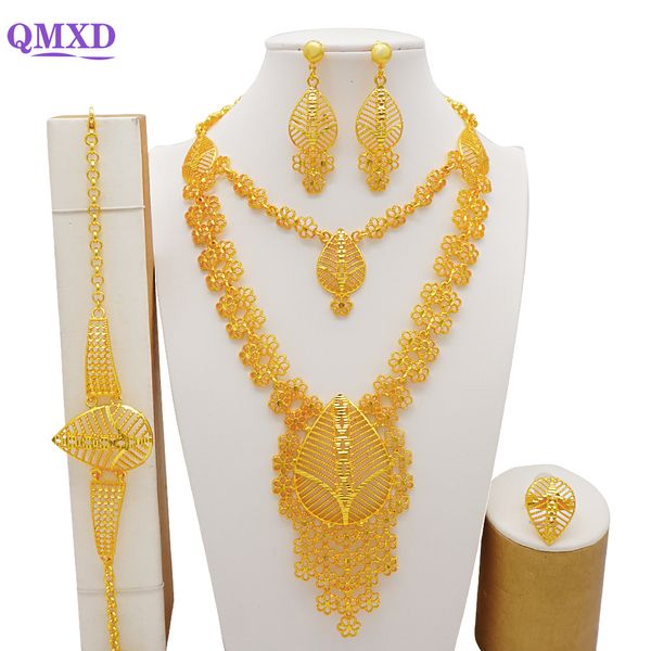 Ensembles de bijoux de mariage indien Dubai or couleur ensemble de bijoux pour les femmes mariée long collier ensemble nigérian collier ras du cou Bracelet boucle d'oreille bague ensembles 230325