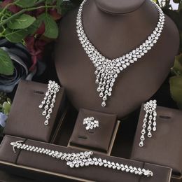 Conjuntos de joyería de boda Janekelly elegante moda blanco AAA CZ circón pendiente collar pulsera anillo 4 piezas conjunto para mujer lujo nupcial boda fiesta joya 231128