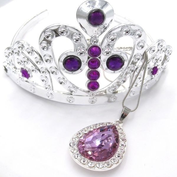 Bijoux de mariage Ensembles Kids Girls Princess Sofi Le premier Purple Teardrop Amulet Chain Colliers Tiara Crown Hair Clip Set Gift for Child 230717