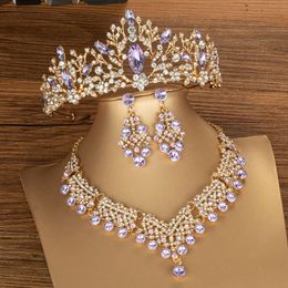 Set di gioielli da sposa KMVEXO Set di gioielli da sposa in cristallo di lusso da donna Orecchini di tiara rosa viola Collana girocollo Abito da sposa Set di gioielli con corona da sposa 230215