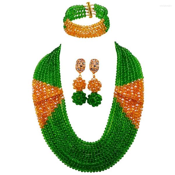 Ensembles de bijoux de mariage, dernier Champagne vert or AB, colliers de perles nigérians, ensemble de perles africaines, cristal de mariée LBSJ05