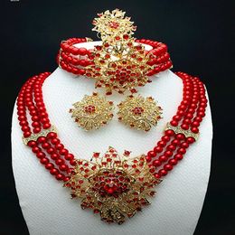 Ensembles de bijoux de mariage Longqu Livraison en 7 jours aux États-Unis Dubaï Collier de perles africaines colorées Fête nigériane Perle rouge Design Sisters gifrs 231216