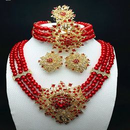 Ensembles de bijoux de mariage Longqu Livraison en 7 jours aux États-Unis Dubaï Collier de perles africaines colorées Fête nigériane Perle rouge Design Sisters gifrs 231012