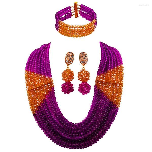 Conjuntos de joyería de boda precioso púrpura y champán oro AB collar africano cuentas nigerianas conjunto nupcial para mujeres LBSJ08