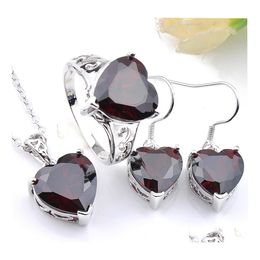 Conjuntos de joyería de boda Luckyshine 3 piezas Set Classic Vintage Red Love Heart Granate Gems Sier Colgante Anillo Pendiente para mujer Drop Deliver Dhsvy