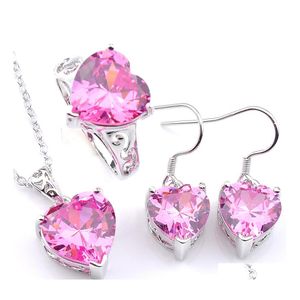 Bruiloft sieraden Sets LuckyShine 3pcs/Set Set Hartsheaped Pink Kunzite kubieke zirconia edelstenen sier hanger ring oorbel voor vrouwen dame d dhkur