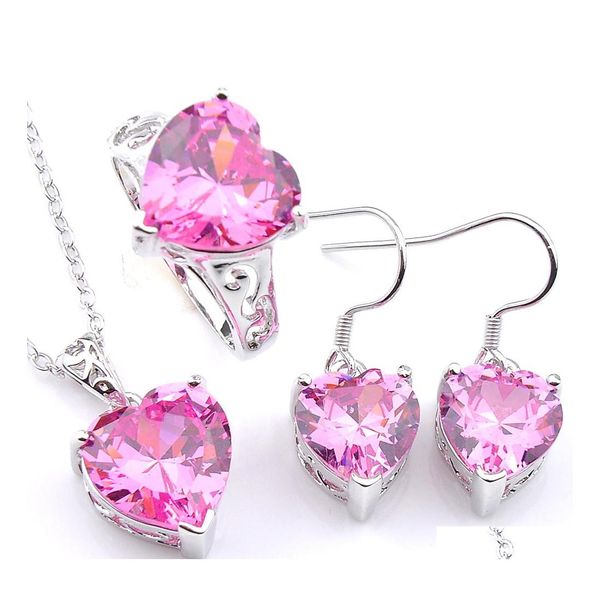 Conjuntos de joyería de boda Luckyshine 3 Unids / set Conjunto En forma de corazón Rosa Kunzite Cubic Zirconia Gems Sier Colgante Anillo Pendiente Para Mujer Lady D Dhkur