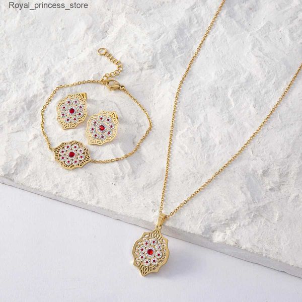 Conjuntos de joyas de boda Luizada febrero de 2023 Nueva moda de alta calidad Conjunto de joyas para mujer de acero inoxidable Banquete Collar de rubíes Accesorios de joyería Q240316