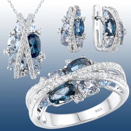 Ensembles de bijoux de mariage Designer de luxe Sapphire Crystal Set pour femmes Croix Infini Bague Boucles d'oreilles Collier Saint Valentin Cadeau 231013