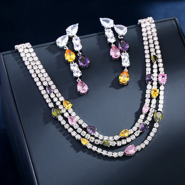 Ensembles de bijoux de mariage Ensemble de robe de soirée de luxe Coloré Teardrop CZ Multi couches Collier ras du cou Boucles d'oreilles Déclaration pour les femmes 230921