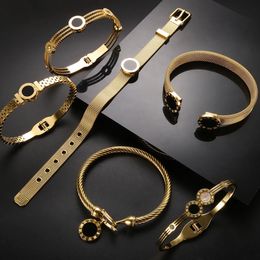 Bruiloft Sieradensets Luxe Beroemd voor Vrouwen Mannen Zwarte Ronde Roestvrij Staal Romeinse Cijfers Armbanden Armbanden Bedelarmband 231019
