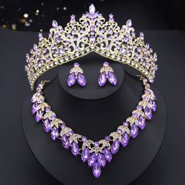 Parures de bijoux de mariage Couronne de cristal violet de luxe ensemble de bijoux de mariée princesse reine diadèmes roses mariée boucles d'oreilles de mariage ensemble de collier filles Dubai ensembles 231030