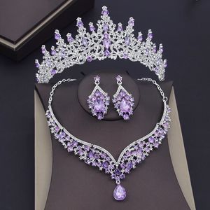 Ensembles de bijoux de mariage de luxe en cristal violet pour femmes, couronne, boucles d'oreilles, collier, diadèmes, mariée, dubaï, 231116