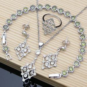 Bruiloft Sieraden Sets Mystic Olijfgroen Naald Oorbellen 925 Zilver Rocking Zirkoon Kralen Fijne Sieraden Dames Bruiloft Ketting Set 231012