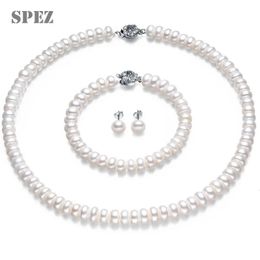 Ensembles de bijoux de mariage Ensembles de perles naturelles 8-9mm ensemble de bijoux en perles d'eau douce 925 boucles d'oreilles en argent collier en diamant Bracelet pour les femmes cadeau de mariage 231115