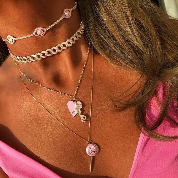 Ensembles de bijoux de mariage néon rose coloré émail tour de cou glace sur Bling Cz 11mm Miami cubain lien chaîne femmes collier Hip Hop 230608