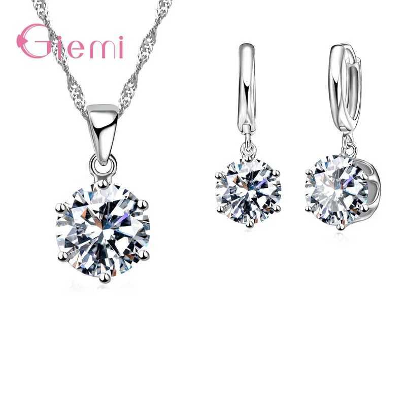 Bröllopsmycken sätter nya 925 Sterling Silver Fashion Crystal Pendant Necklace Earring Set Womens Anniversary Gift