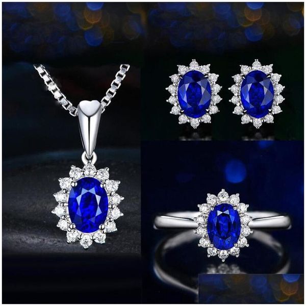 Conjuntos de joyería de boda Nueva llegada Saprkling Conjunto de joyería de lujo 925 Sterling Sier Corte ovalado Azul Zafiro Cz Diamante Mujer Boda Earrin Dhwkh