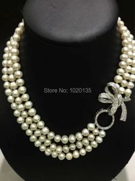 Ensembles de bijoux de mariage un ensemble 3 rangées de perles d'eau douce blanches près du rond 8-9mm nature collier bracelet 17-19 pouces FPPJ zircon crochet 231115