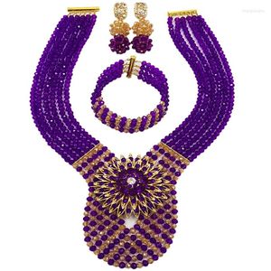Ensembles de bijoux de mariage violet et or AB, ensemble de perles africaines, collier nigérian, perles de cristal, mariée 6C-XJZ013