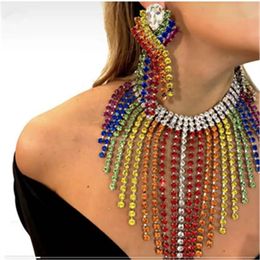 Conjuntos de joyas de boda Rainbow Long Tassel Earring Collar Conjuntos de joyas para mujeres Tamaño enorme Crystal Colorful Necklace Earring Set 230609