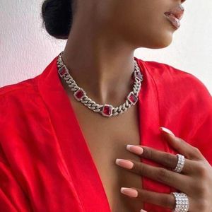 Bruiloft Sieraden Sets Rood Blauw Groen Rechthoek Steen Charme Ketting 12 MM Iced Out Miami CZ Cubaanse Link Chain 16 inch Hip Hop Vrouwen Chunky Choker 231205