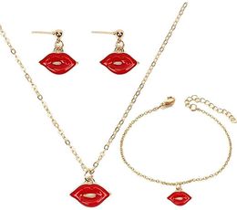 Bruiloft Sieraden Sets Rode Lip Ketting Hanger Mond Kus Lippen Armband Dangle Stud Oorbellen Set link voor Vrouwen Grils Mode 230717