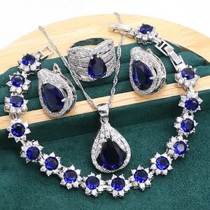 Ensembles de bijoux de mariage Royal Blue Sapphire 925 Ensemble de bijoux en argent sterling pour femmes Bracelet Hoop Boucles d'oreilles Collier pendentif Anneau 230512