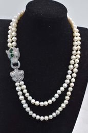 Ensembles de bijoux de mariage ensemble 2 rangées de perles d'eau douce blanches près de la ronde 8 9mm 17 19 pouces collier bracelet FPPJ fermoir en zircon vert 230729
