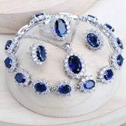 Ensembles de bijoux de mariage argent 925 femmes mariée bleu zircone Costume bijoux fins collier boucles d'oreilles anneaux Bracelets pendentif ensemble 231013