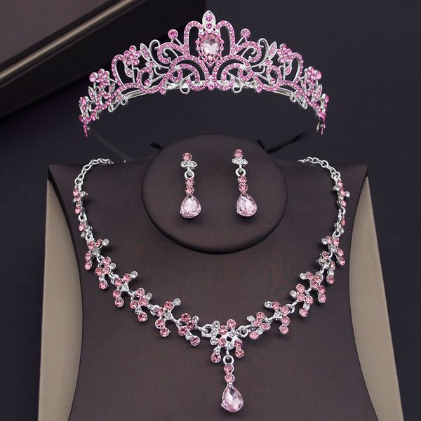 Ensembles de bijoux de mariage argent couleurs rose cristal peignes diadèmes mariée pour filles fête bal couronne robe boucles d'oreilles collier 230303