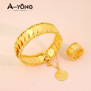 Ensembles de bijoux de mariage pièce de monnaie de Style Simple 24k plaqué or Dubai bague et Bracelet ensemble pour femmes accessoires de Banquet 230804