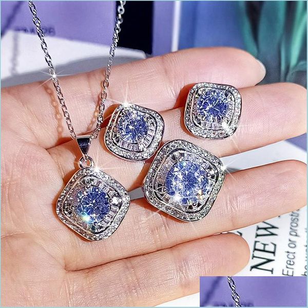 Ensembles de bijoux de mariage Sparkling Live Luxury Jewelry Set 925 Sterling Sier Round Cut Moissanite Cz Diamond Gemstones Ring Collier Stu Dh8Uw