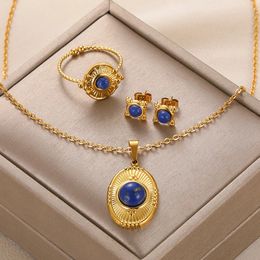 Conjuntos de joyería de boda Acero inoxidable para mujer Vintage Oval Collar azul Pendiente Anillos de color dorado Estética Piedra natural 231201