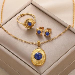 Ensembles de bijoux de mariage en acier inoxydable pour femmes, collier ovale bleu Vintage, boucles d'oreilles, anneaux de couleur or, pierre naturelle esthétique 231201