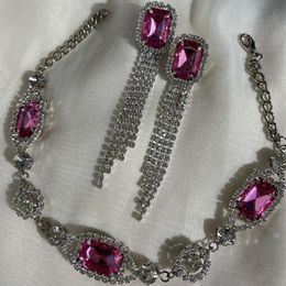 Bruiloft Sieradensets Stonefans Paars Kristal Paardoog Ketting Set van 2 Kwastje Oorbellen Vierkant Kubiek Voor Dames Accessoires Cadeau 230909