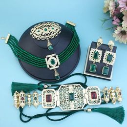 Parures de bijoux de mariage Sunspicems ensembles de bijoux de mariée arabe pour femmes couleur or maroc collier ras du cou perles chaîne carré cristal boucle d'oreille Caftan broche 231208