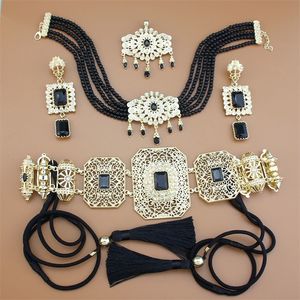 Bruiloft Sieraden Sets Sunspicems Goud Kleur Arabische Vrouwen Sieraden Sets Marokko Kaftan Riem Touw Kwasten Kralen Choker Ketting Kristal Oorbel Broche 231204