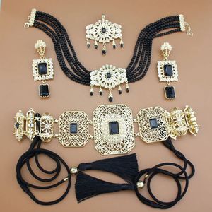 Wedding Jewelry Sets Sunspicems Gold Color Arabic Women Jewelry Sets Morocco Kaftan Belt Rope Tassels Beads Choker Necklace Crystal Earring Brooch 231208