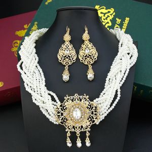 Parures de bijoux de mariage Sunspicems maroc ensembles de bijoux de mariée perles collier ras du cou longue boucle d'oreille pour les femmes arabe tissé collier de perles artificielles 231021