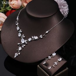 Ensembles de bijoux de mariage TAZIRN AAA zircon cubique 2 pièces ensemble pour femmes CZ cristal boucle d'oreille collier robe de mariée accessoires 230608