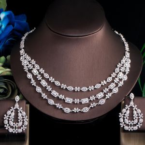 Bruiloft Sieradensets Threegraces Briljant Wit Zirkonia 3 Lagen Grote Nacklace Oorbellen Bruids Engagemen Set voor Vrouwen TZ542