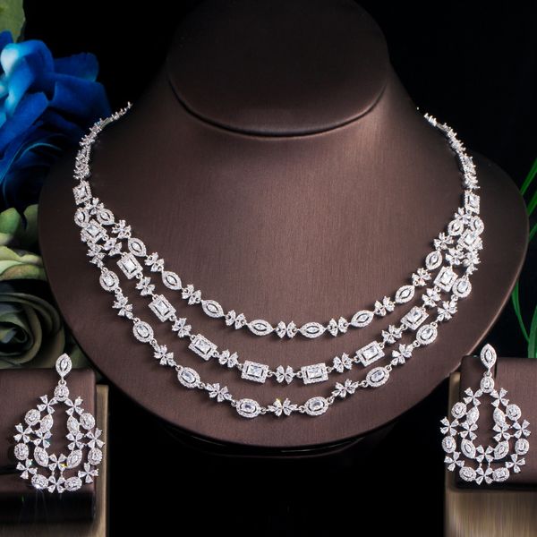 Ensembles de bijoux de mariage Threegraces brillant blanc zircon cubique 3 couches grand collier boucles d'oreilles mariée fiançailles ensemble pour femmes TZ542